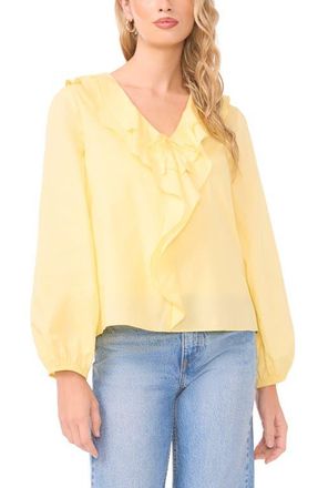 Vince Camuto Double Ruffle Long Sleeve Cotton Top in Lemon Cream at Nordstrom, Size Medium