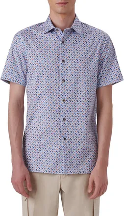 Bugatchi OoohCotton Geo Print Short Sleeve Button-Up Shirt in Tobacco at Nordstrom, Size Medium