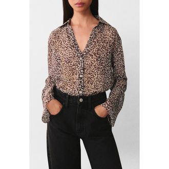 Mango Leopard Print Fluid Button-Up Shirt in Brown at Nordstrom, Size 4