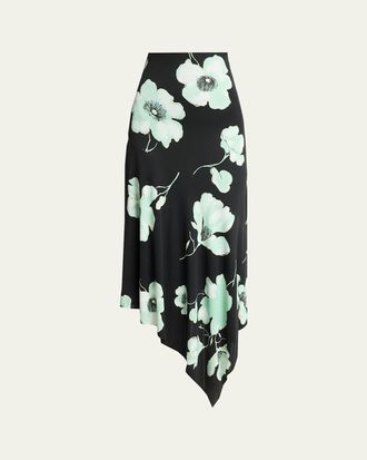 Alaia Asymmetric Floral-Print Jersey Midi Skirt