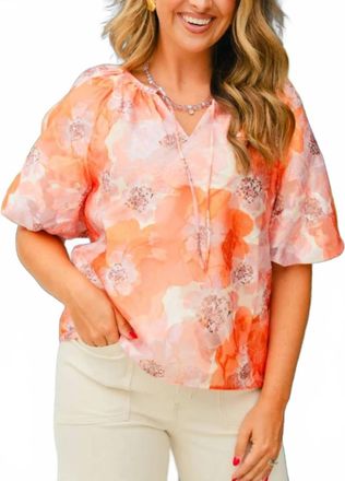 Jade Yoga Autumn Floral Puff Sleeve Top In Pink/ Orange