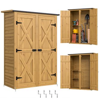 OUTSUNNY Caseta De Jard&iacute;n De Madera 115x53x156 Cm, Armario Exterior Para Herramientas Con Puertas Dobles Con Pestillo, 2 Estantes, Marr&oacute;n