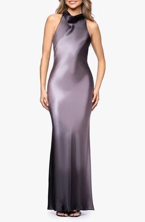 Betsy & Adam Ombr&eacute; Satin Halter Neck Gown in Grey/Gunmetal at Nordstrom, Size 14