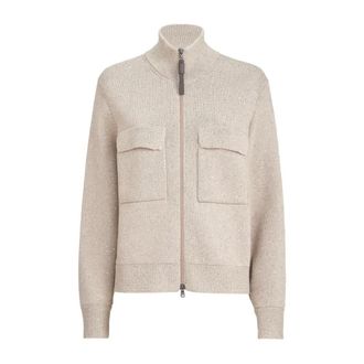 Brunello Cucinelli Sequined Zip-Up Knit Jacket - Dames - Truien - Grijs - Maat: L Katoen