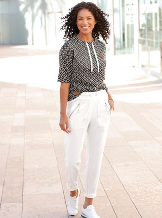 Casual Looks Sweatshirt CASUAL LOOKS, Damen, Gr. 36, beige (beige, schwarz, bedruckt), 50% Baumwolle, 50% Polyester, gemustert, mehrfarbig, Sweatshirts Sweatshirt