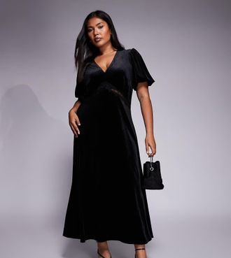 New Look Plus New Look Curve - Vestito midi in velluto nero con finiture in pizzo