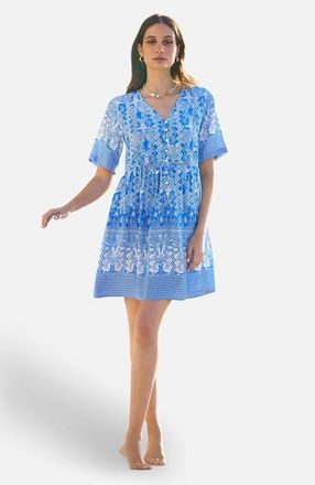 Yumi Short Sleeve V-Neck Palm Relaxed Dress in Blue at Nordstrom, Size 10