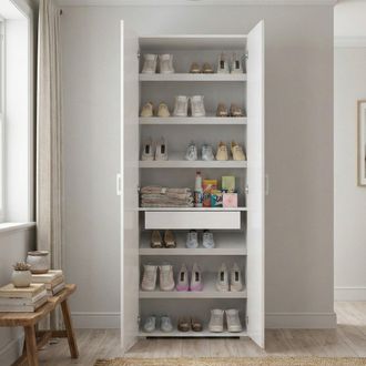 Dmora Armario Multiusos Ginestra, Armario Lineal Con 2 Puertas Batientes, Armario De 6 Estantes, Zapatero Moderno, 100% Made In Italy, Cm 72x37h195, Blanco,