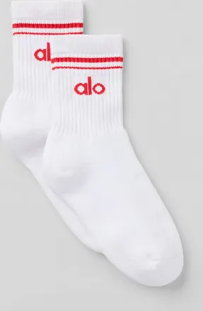 Alo | Half-Crew Throwback Socks in White/Bright Red, Size: Medium