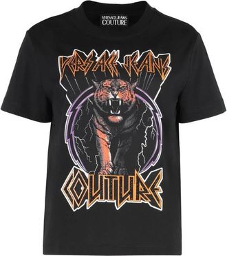 Versace Jeans Couture Tiger Logo Strass T-Shirt - Dames - T-shirts - Zwart - XS - Katoen - Tops