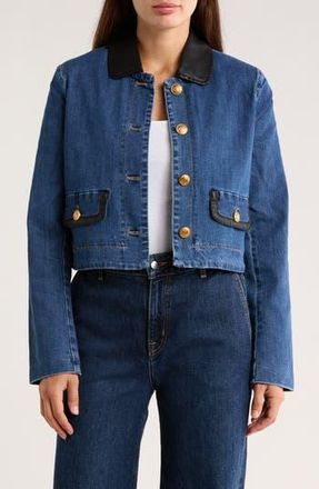 Ellen Tracy Faux Leather Trim Denim Jacket in Blue/Black at Nordstrom Rack, Size X-Small