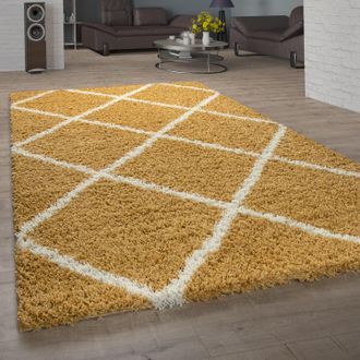 Paco Home Paco Home Alfombra Sal&oacute;n Pelo Largo Shaggy Dise&ntilde;o Escandinavo Rombos Moderna En Amarillo 200x280 Cm