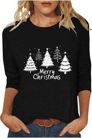 Generic Ladies Christmas T Shirts,Funny Graphic Xmas Tree Tops Wine Glass Print Xmas Sweatshirt Crew Neck 3/4 Sleeve Pullover Blouse Cute Santa Claus Novelty 