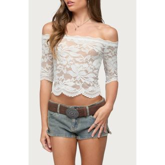 Edikted Dyna Lace Off the Shoulder Crop Top in Cream at Nordstrom, Size X-Small