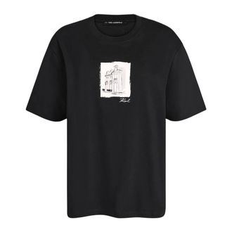 Karl Lagerfeld Tops, Dames, Zwart, M, Katoen, T-shirt met schetsprint
