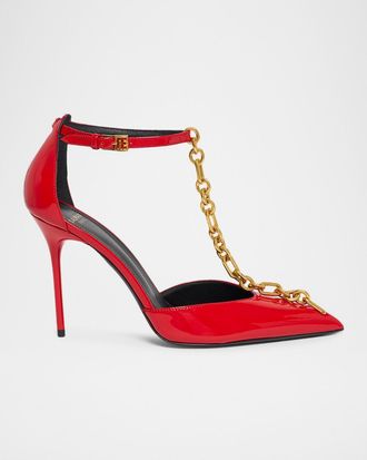 Balmain Sync Patent Leather Chain T-Strap Pumps