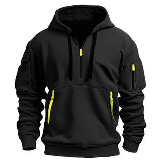 Generic Mens Hoodies Casual Pullover Hooded Sweatshirt Long Sleeve Quarter Zip Hoody Tops With Pocket (XXL) Black