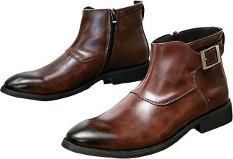 Generic Mens Flat Heel Office Dress Shoes PU Leather Short Boots with Side Zipper Round Toe Formal Boot with Buckle,Brown,6.5 UK