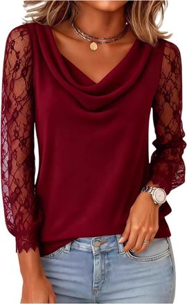 Generic Mesh Tops for Women,Casual Cowl Neck Lace Mesh Long Sleeve Shirts Solid Color Sexy Slim Fit Dressy Casual Blouses Going Out Tops Spring Basics Fashion