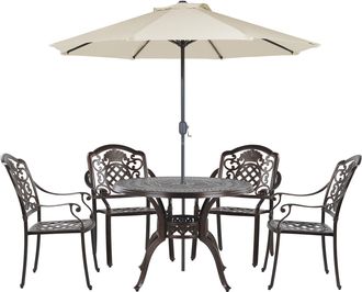 Beliani Conjunto De Comedor 4 Plazas De Metal Marr&oacute;n Beige Sillas Cojines Sombrilla Salento