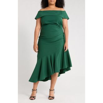 Eliza J Off the Shoulder Asymmetric Ruffle Hem Cocktail Dress in Emerald at Nordstrom Rack, Size 22W