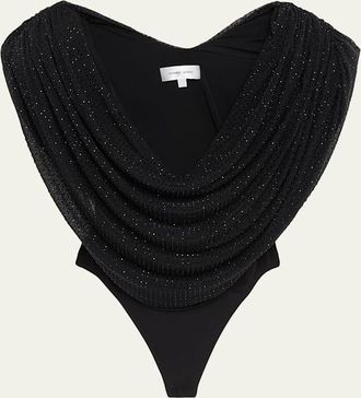 Ronny Kobo Cindi Draped Rhinestone-Embellished Bodysuit