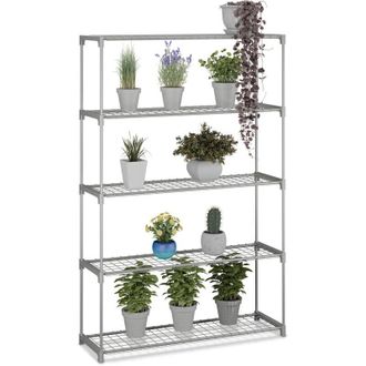 Relaxdays Relaxdays plant stand, HxWxD: 140 x 91 x 28 cm, 5 tiers, easy assembly, metal & plastic, greenhouse shelf, grey