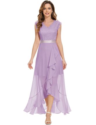 Dressystar Wedding Dress V Neck Lace Chiffon Dresses for Women Swing Dresses for Women UK Ruffle Dress Purple Maxi Dress AUP7050 Lavender 2XL