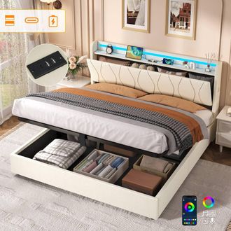 Matteo King Beige Upholstered Bed Frame with Hydraulic Storage & Smart LED
