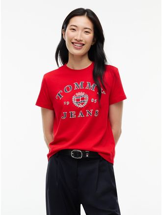 Tommy Hilfiger Womens Tommy Jeans Varsity Crest Logo T-Shirt - Lavish Red - XL