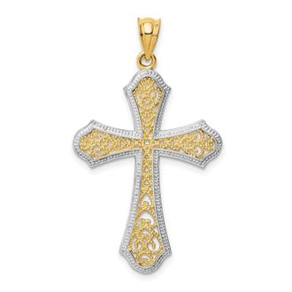 Diamond2Deal 14k Yellow Gold Rhodium Filigree Cross Pendant