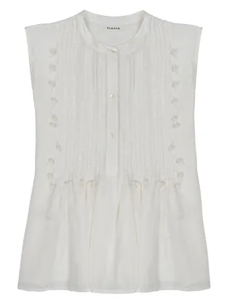 P.A.R.O.S.H. Round Neck Silk Blouse With Pintuck Pleats And Embroidery