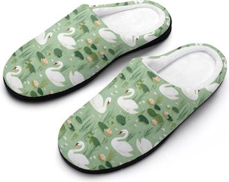 Generic Swans Swimming Flower Mens House Slippers Memory Foam Washable Cotton Slip on Home Shoes
