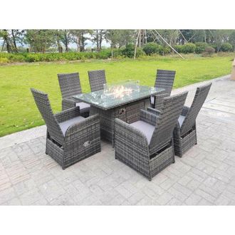 Fimous Rattan Outdoor Garden Furniture Gas Fire Pit Dining Table Gas Heater Burner Reclining Table And Chair Sets 6 Seater Plus Rectangular Table