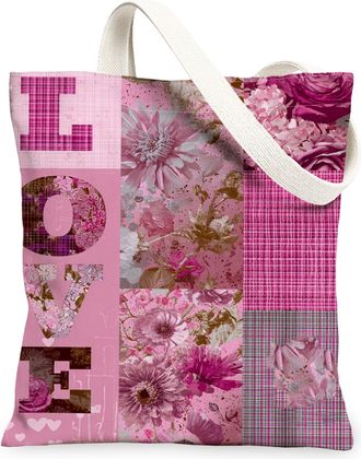 Generic Floral Canvas Tote Bags, Love Pattern Reusable Grocery Bags, Spring Vintage Chic Lightweight Washable Shoulder Strap Canvas, Peach, 13x15 Inch