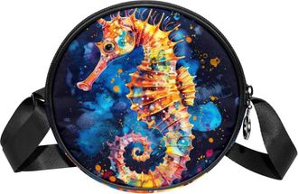 Generic Circle Crossbody Bag for Women, Seahorse Small Sling Bag Daypack with Zipper Adjustable Shoulder Straps Casual Ladies Girls Round Purse