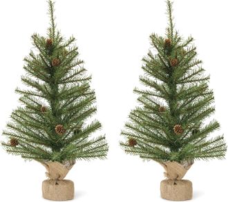 Melrose International Mini Pine Tree with Burlap Bag Base and Pinecone Accents (Set of 2) - Green; Brown