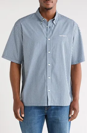 Carhartt Work in Progress Groff Microcheck Short Sleeve Cotton Poplin Button-Down Shirt in Groff Check/blue River at Nordstrom, Size X-Large