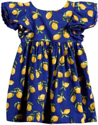 Next Kids Lemon Print Angel Sleeve Cotton Jacquard Dress in Blue at Nordstrom, Size 1.5-2Y