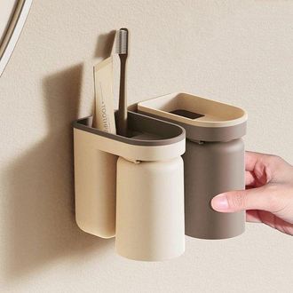 OEM Soporte Innovador Para Cepillos De Dientes, Lujo Ligero Sin Agujeros, Vaso Para Enjuague Bucal, Pared, Marr&oacute;n Caramelo + Blanco Beige (2 Piezas)