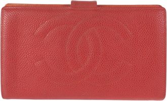 Chanel Red Color Grained Calfskin Middle Wallet (Bi-Fold) (Pre-Owned)