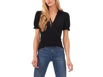 CeCe by Cynthia Steffe Short Sleeve Split-Neck Collared Top Womens Clothing Rich Black : LG, Polyester/Spandex
