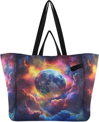 Generic Moon Blue Cloud print Reusable Canvas Tote Bag, Heavy Duty Grocery Shopping Bag with Hard Bottom Large Capacity Double Handles Work Groceries Travel