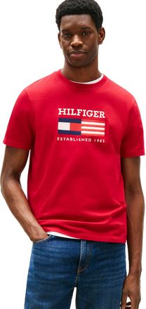 Tommy Hilfiger Mens Short Sleeve Cotton Graphic T-Shirts with Embroidered Flag Logo, Medium Red, Large
