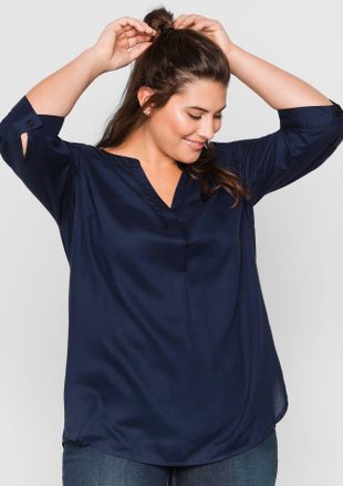 Sheego Longbluse SHEEGO, Damen, Gr. 40, blau (marine), 100% Viskose, unifarben, Rundhals, Blusen Longbluse