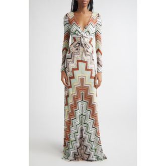 Missoni Long Sleeve Twist Front Zigzag Knit Maxi Dress in Multi Green Camel White Pink at Nordstrom, Size 10 Us