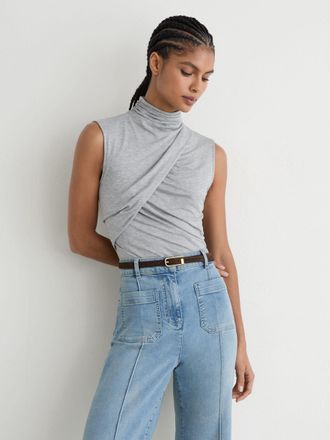 Reiss Grey Marl Ruched High-neck Top, XL