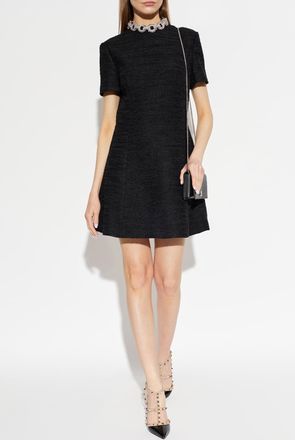 Valentino Garavani Tweed Dress With Shimmering Crystals At The Neckline, Womens, Black