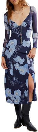 Free People Calla Floral Long Sleeve Knit Midi Dress in Sky Combo at Nordstrom, Size X-Large