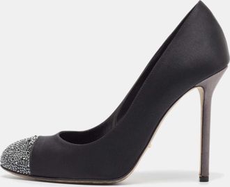 Sergio Rossi Black/grey Satin Crystal Embellished Peep Toe Pumps